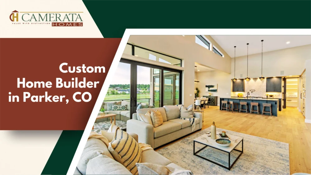 Modern living room and kitchen by Camerata Homes, custom builder in Parker, CO