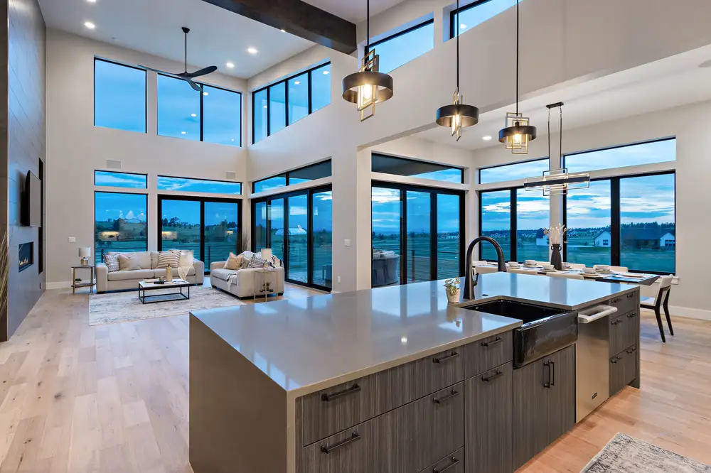 Modern open-concept kitchen and living room in Denver custom home